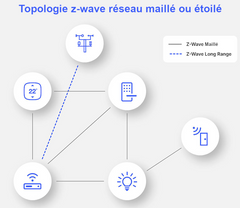 option schéma réseau maillé ou étoilé constituant le z-wave LR 800 et autres