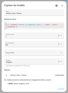 create a template that converts the flow m3/h into liters/hours from the Sonoff SWV-BSP watering programmer in Home Assistant