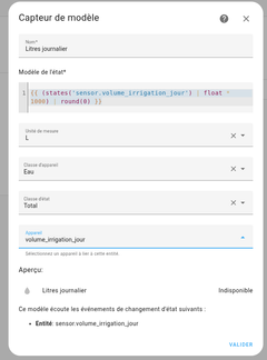 create a template that converts the flow m3/h into liters/day on the utility meter entity of the Sonoff SWV-BSP watering programmer in Home Assistant