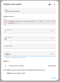 create a template that converts the flow m3/h into liters/min of the sonoff swv-bsp watering programmer in home assistant