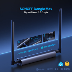 Exploitez toute la puissance du Dongle Max SONOFF avec puces EFR32MG24 + ESP32D0WDR2. Connectez vos appareils Zigbee et Thread via Ethernet PoE, Wi-Fi ou USB et gérez-les facilement depuis Home Assistant, Jeedom ou Zigbee2MQTT. Profitez d’un interface de gestion local intégré, de mises à jour simplifiées et d’une fiabilité maximale grâce à ses antennes 5dBi et son boîtier aluminium robuste.
