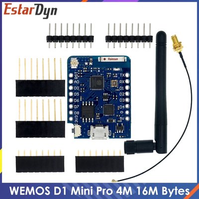 Renowned esp8266 development module wemos D1 mini pro with antenna to best capture wifi waves