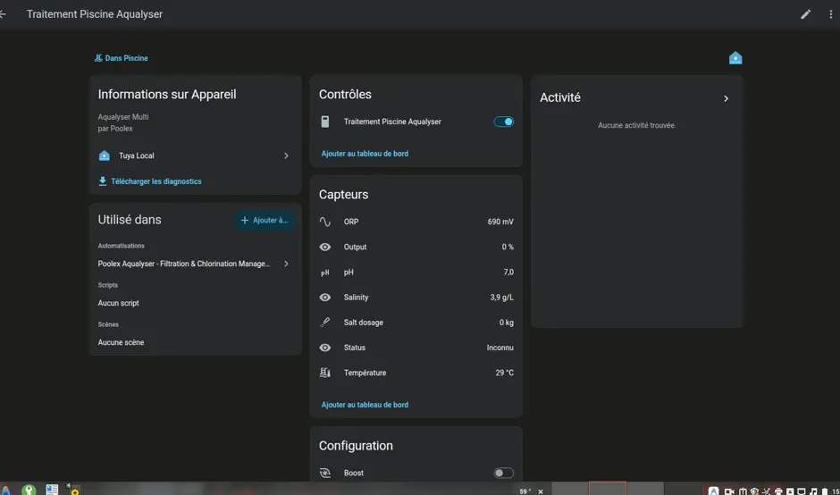 Toutes les fonctions disponibles du Poolex Aqualyser dans home assistant grâce à tuya local